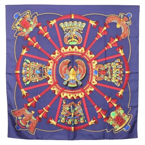 HERMES Caty Ancient Egyptian Scarab Pattern Carre 90 Scarf Silk Blue Auth 141181 - Picture 1 of 13